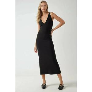 Rochie midi - slim fit - decolteu in V - negru - viscoza-poliamida-elastan imagine