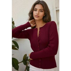 Cardigan dama - slim fit - guler rotund - visiniu - tricot imagine