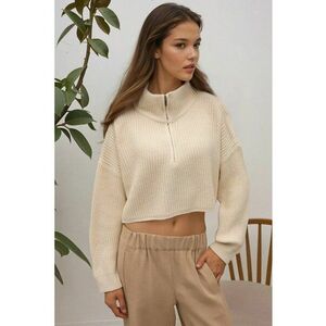 Pulover dama gros tricotat cu guler cu fermoar - scurt - tricot - Fildes Natural - imagine