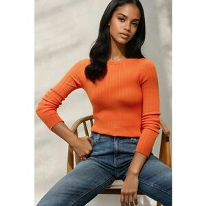 Pulover dama mulat - guler rotund - portocaliu - tricot imagine
