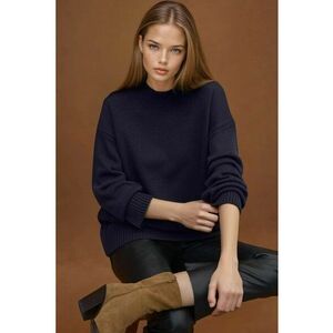 Pulover dama - lung tricotat - guler rotund - albastru inchis - tricot imagine