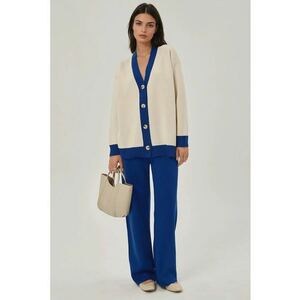 Compleu dama tricotat - cardigan cu nasturi si pantaloni texturati - acril - bleumarin/bej imagine