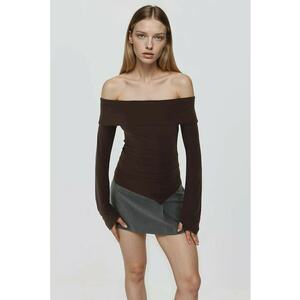 Bluza dama - decolteu asimetric - elastan/poliester - maro inchis imagine