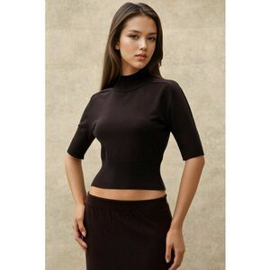 Pulover dama scurt - guler inalt - texturat - maro inchis - tricot imagine