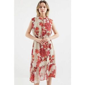 Rochie midi dama HiCCUP - imprimeu floral - poliester - rosu/bej imagine
