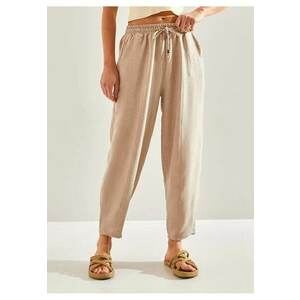 Pantaloni dama - Relaxed Fit - talie elastica - bej - bumbac imagine