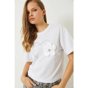 Tricou crop - guler rotund - imprimeu unic - alb - bumbac imagine