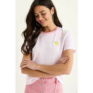Tricou dama din bumbac cu dungi si broderie - roz - maneca scurta - imagine