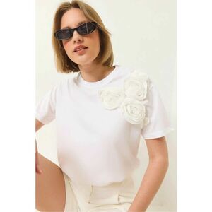 Tricou dama guler rotund - detalii decorative - alb - bumbac imagine