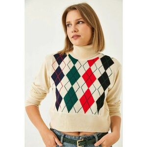 Pulovere dama - cu guler inalt - model geometric - acril - multicolor - imagine