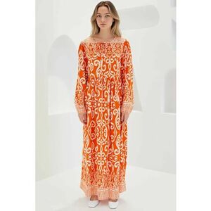 Rochie maxi dama - HiCCUP - cu imprimeu - inchidere cu snur - viscoza - portocaliu/bej imagine
