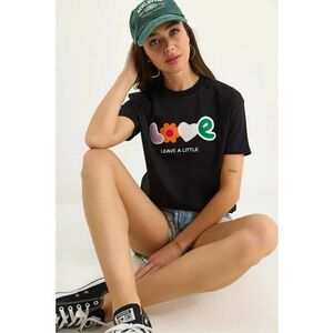Tricou dama guler rotund - brodat - negru - bumbac imagine