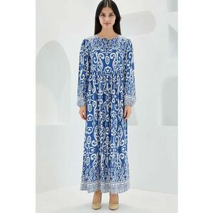 Rochie maxi dama - HiCCUP - cu imprimeu - inchidere cu snur - viscoza - alb/albastru imagine