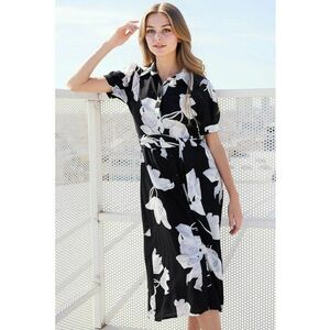 Rochie midi dama HiCCUP - viscoza - imprimeu floral - alb/negru imagine