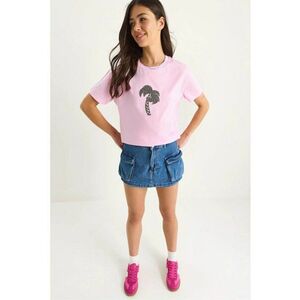 Tricou dama Crop cu Guler Rotund - brodat - roz - bumbac imagine