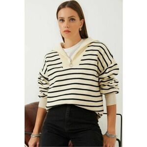 Pulover - dungi - cu fermoar - crem - negru - tricot - imagine