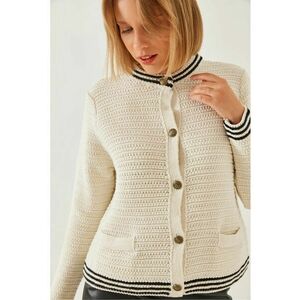 Cardigan dama - texturat - cu nasturi si buzunare - crem - tricot - imagine