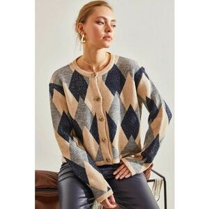 Cardigan scurt cu nasturi - imprimeu geometric - multicolor - tricot - imagine