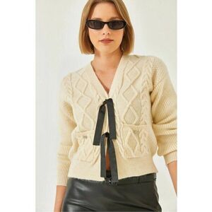 Cardigan scurt - texturat - decolteu in V - natural - tricot - imagine