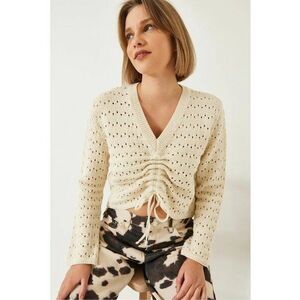 Bluza tricotata - cu decolteu in V - acril - bej - imagine