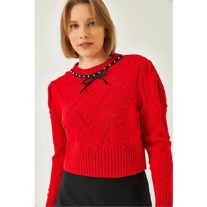 Pulover dama - mulat cu guler rotund si broderie texturata - rosu - tricot - imagine