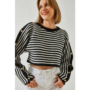 Pulover scurt cu dungi nasturi - negru - tricot - imagine
