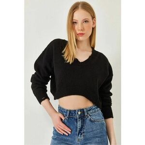 Pulover dama - scurt - texturat - poliester/acril/elastan - negru - imagine
