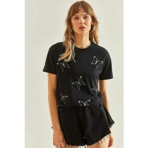 Tricou dama - crop - brodat - negru - bumbac imagine