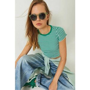 Tricou dama - top scurt cu dungi - maneca scurta - verde/ alb - bumbac imagine