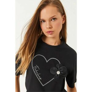 Tricou dama - tricou scurt cu guler rotund - imprimeu - negru - bumbac imagine