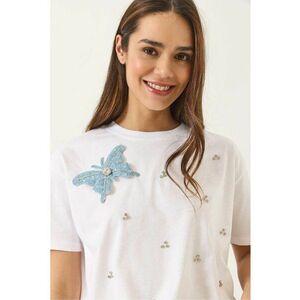 Tricou dama - guler rotund - brodat - alb - bumbac imagine