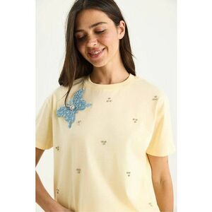 Tricou dama - cu guler rotund - brodat - galben - bumbac imagine