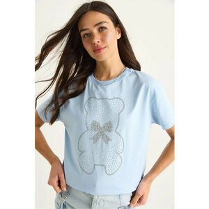 Tricou dama guler rotund - imprimeu brodat - Albastru imagine