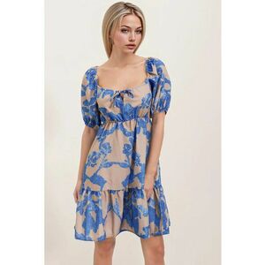 Rochie mini dama - HiCCUP - forma A - decolteu patrat - bumbac/poliester - bej/albastru imagine