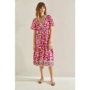 Rochie midi - decolteu in V - volane - roz - bumbac - imagine