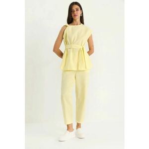 Set doua piese - tunica scurta si pantaloni din bumbac texturat - galben - cu inchidere cu nod imagine