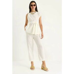 Set doua piese - tunica scurta si pantaloni din bumbac texturat - bej - cu inchidere cu nod imagine