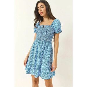 Rochie mini - HiCCUP - guler patrat - volane florale - albastru - viscoza imagine