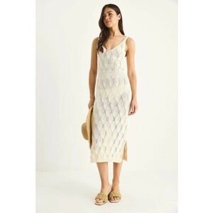 Rochie midi tricotata - decolteu in V - texturata - bej - tricot - imagine