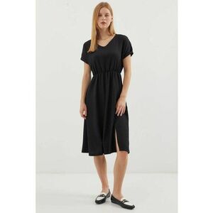 Rochie midi tricotata texturata - decolteu in V - crapatura - poliester - Negru - imagine