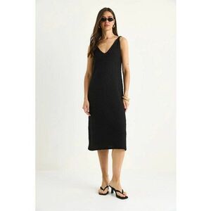 Rochie midi tricotata decolteu in V - texturata - neagra - amestec bumbac-poliester - imagine