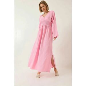 Rochie midi - HiCCUP - texturata - decolteu in V - talie smockata - roz - bumbac imagine