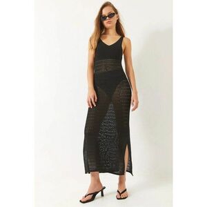 Rochie midi - decolteu in V - crapatura - negru - tricot - imagine