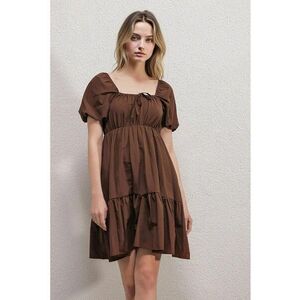 Rochie mini dama HiCCUP - forma A - decolteu patrat - bumbac/poliester - maro imagine