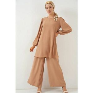 Set tunica si pantaloni dama - poliester/elastan - maro deschis imagine