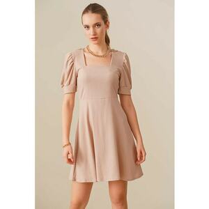 Rochie mini tricotata HiCCUP - guler patrat - bej - poliester imagine