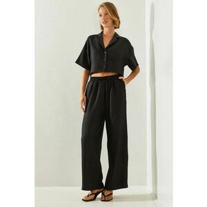 Set doua piese - camasa scurta cu nasturi si pantaloni largi - negru - textil imagine