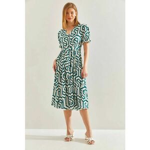Rochie midi - decolteu in V - model geometric - alb-verde - viscoza - imagine