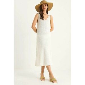 Rochie midi tricotata decolteu in V - texturata - imprimeu la spate - bej - tricot - imagine