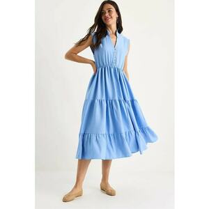 Rochie midi - HiCCUP - texturata cu dungi - decolteu in V - detalii cu volane - albastru - modal-viscoza imagine